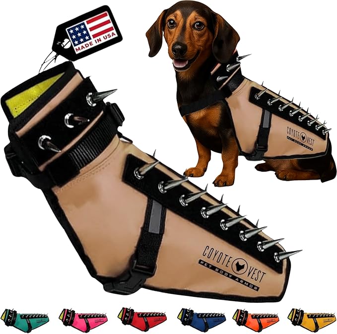 CoyoteVest Dog Harness Protection Vest, Reflective Dog Accessories with Spikes to Shield Your Pet from Raptor and Animal Attacks, Proudly Made in America (X-Small, Texas Tan)