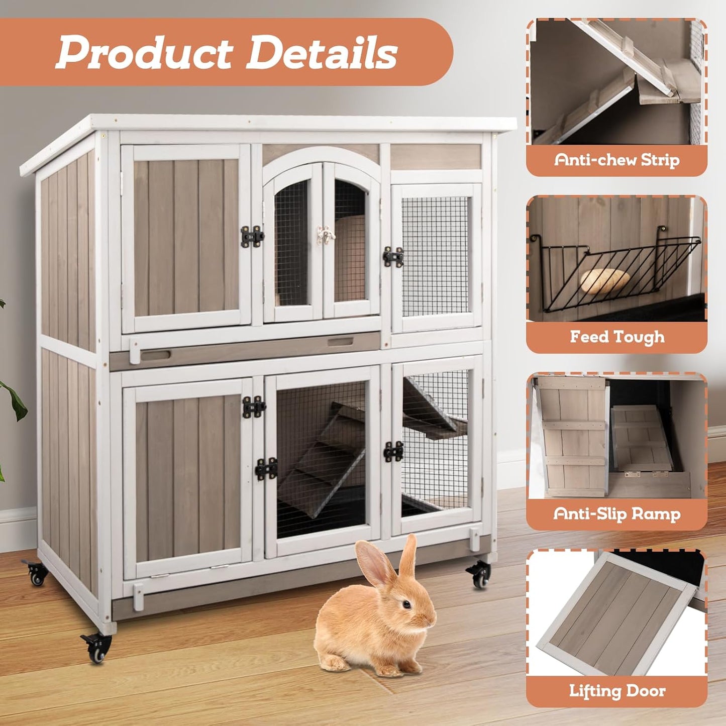 2 Story Large Rabbit Hutch Indoor with 2 Deeper Pull-Out Trays, Wooden Rabbit Cage with 4 Lockable Wheels, Ramp, Chew-Anti Metal Strip for Rabbit, Guinea Pig, Hamster(47" L x 18" W x 42" H)