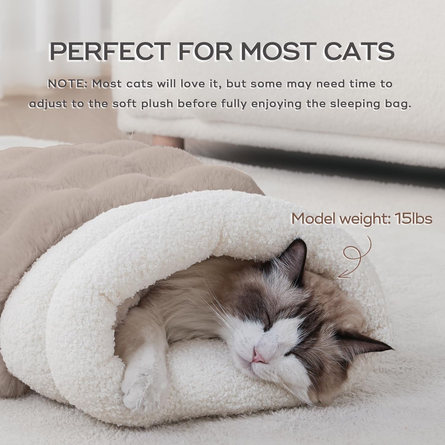 Cat Sleeping Bag for Indoor Cats Self Warming Cat Bed Fits up to 15 lbs Pets Soft Plush Warm Bed 360° Wrap Bag Washable Comfortable Pet Sleeping Bed 21" × 17" Coffee