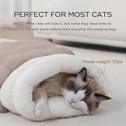 Cat Sleeping Bag for Indoor Cats Self Warming Cat Bed Fits up to 15 lbs Pets Soft Plush Warm Bed 360° Wrap Bag Washable Comfortable Pet Sleeping Bed 21" × 17" Coffee