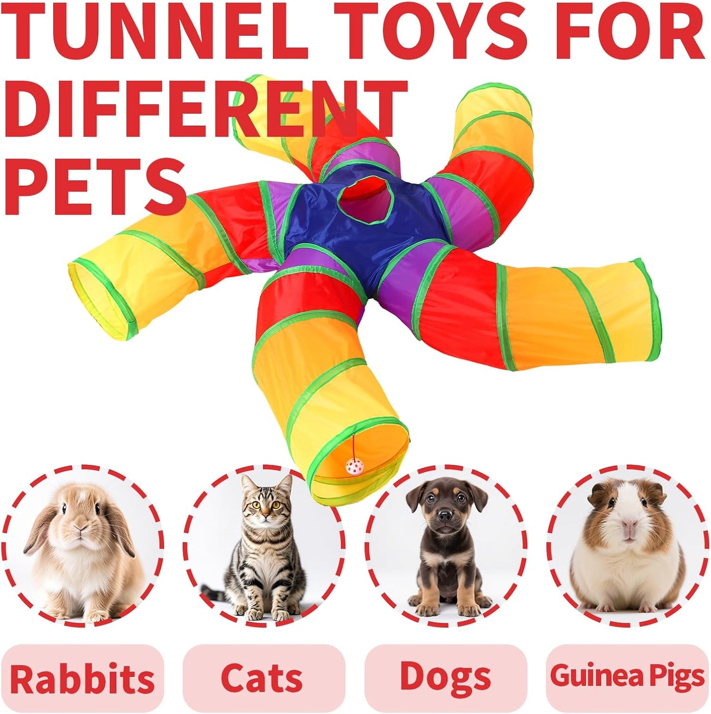 Pet Cat Tunnel, 5 Way Tunnels for Indoor Cats, Collapsible Pet Tunnel for Kitten, Puppy, Rabbit, 25cm-Wide Tunnels, Durable & Breathable, with Peek Hole Toy Ball