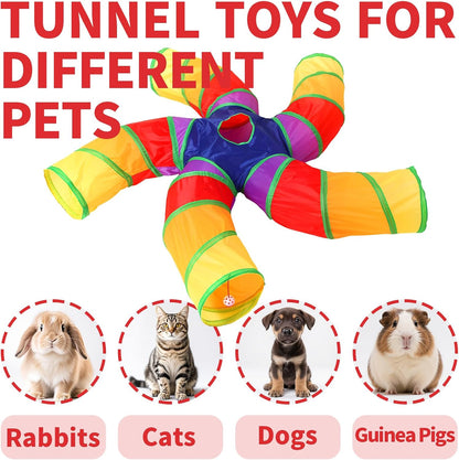 Pet Cat Tunnel, 5 Way Tunnels for Indoor Cats, Collapsible Pet Tunnel for Kitten, Puppy, Rabbit, 25cm-Wide Tunnels, Durable & Breathable, with Peek Hole Toy Ball