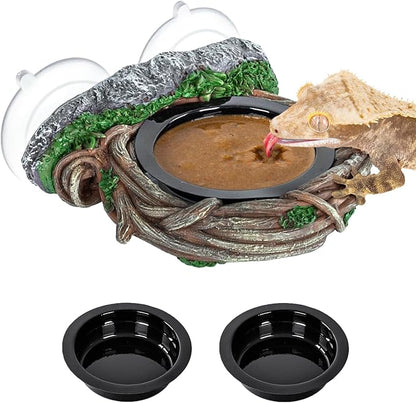 REPTI ZOO Crested Gecko Feeding Ledge, Reptile Water Food Dish for Bearded Dragon Lizard Snake Turtle, Vine Reptile Feeder Ledge Bowl with 2PCS Cups