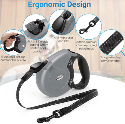 Retractable Dog Leash, 26 Ft Heavy Duty Pet Walking Leash for Small Medium Large Dogs up to 99lbs, Anti-Slip Handle, 360 ° No Tangle, Nylon Tape, One-Handed Brake (Grey)
