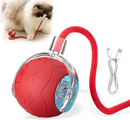 Interactive Cat Toys Ball for Indoor Cats, 2025 Newly Upgraded Automatic Rolling Balls, Moving Cat Ball with Elastic Mesh Tail, Kitten Toys for for Bored Indoor Adult Cats/Dog (Red)