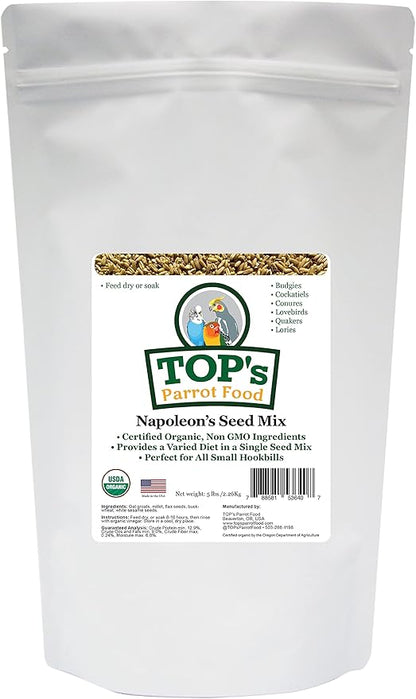 TOP's Napoleon's Seed Mix for All Small Hookbills, Non-GMO, Soy Free, Corn Free, USDA Organic Certified, 5 lb