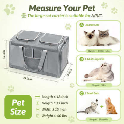 Extra Large Cat Carrier for 2 Cats, 24x14x16in Pet Carriers for Cat and Dog Up to 40lbs, All-Sided Large Mesh Cat Carrier with Great Ventilation, Portable Soft Sided Pet Carriers for Traveling