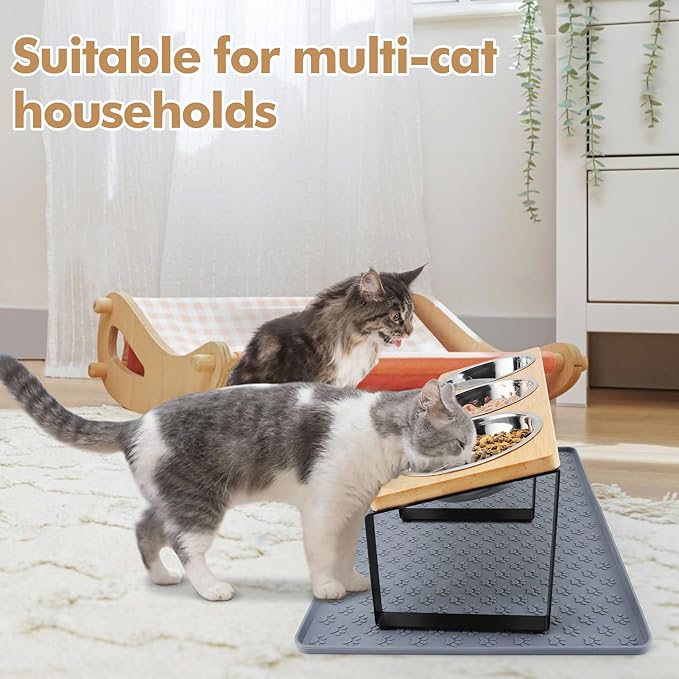 15° Tilted Elevated Cat Bowls - Raised Cat Bowls Stand with Silicone Food Mat & 3 Stainless Steel Cat Dishes for Food and Water, Anti-Vomiting for Indoor Cats and Small Pets