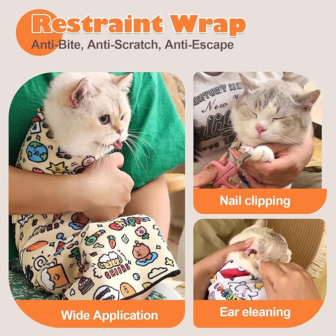 Cat Grooming Wrap, Cat Wrap Self-Adherent, Anti-Scratch Anti-Bite, Anti-Escape Grooming Bag for Cats Nail Clipping, Ear Cleaning, and Teeth Brushing (27.6 × 27.6" Paw Prints)