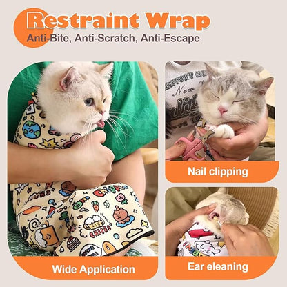 Cat Grooming Wrap, Cat Wrap Self-Adherent, Anti-Scratch Anti-Bite, Anti-Escape Grooming Bag for Cats Nail Clipping, Ear Cleaning, and Teeth Brushing (27.6 × 27.6" Paw Prints)