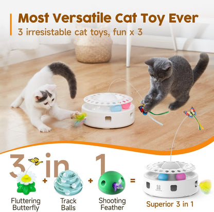 Potaroma Cat Toys 3in1 Automatic Interactive Kitten Toy, Fluttering Butterfly, Moving Feather, Track Balls, Dual Power Supplies, USB Powered, Indoor Exercise Kicker (Bright White)