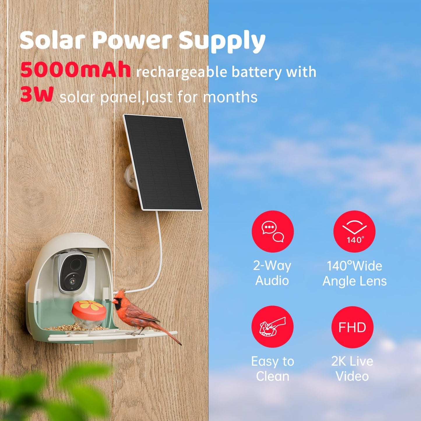 Bird Feeder with Camera Solar Powered, Smart Bird Feeder with AI Identify, 2K HD Live View and Instant Notification, Ideal Gift for Bird Lover(with 32G Card)