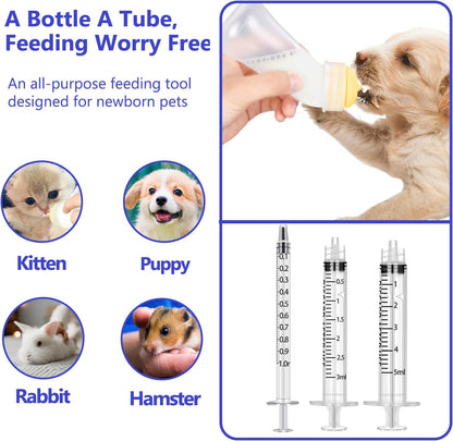 Pet Feeding Bottle and Syringes, 3 Sizes Nipples with Ventilation Valve Resistant Tearing Perfect for Puppies, Kittens, Small Wildlife (Yellow)