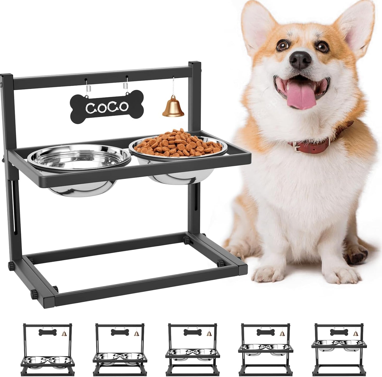 Elevated Dog Bowls for Medium and Small Dogs, 5 Height Adjustable & 2 Stainless Steel Bowls 800ml/27oz, Raised Food Dog Water Stand