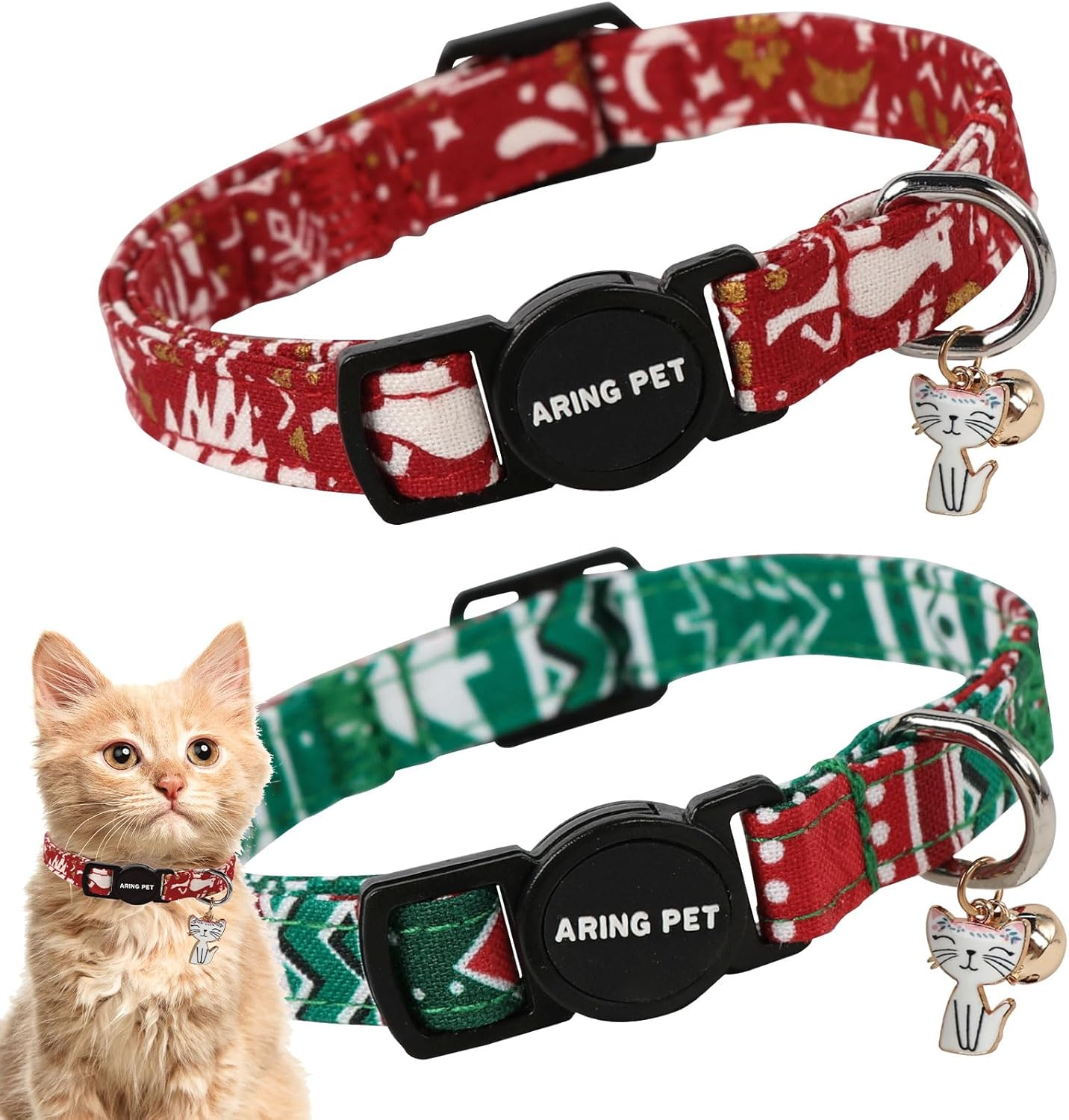 ARING PET 2 Pack Christmas Cat Collars-Cute Cat Collar Breakaway with Bell&Pendant, Adjustable Red Green Kitten Collars with Safety Buckle for Girl and Boy Cats