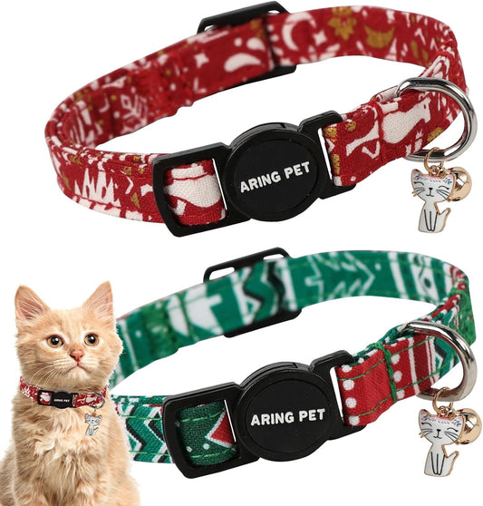 ARING PET 2 Pack Christmas Cat Collars-Cute Cat Collar Breakaway with Bell&Pendant, Adjustable Red Green Kitten Collars with Safety Buckle for Girl and Boy Cats