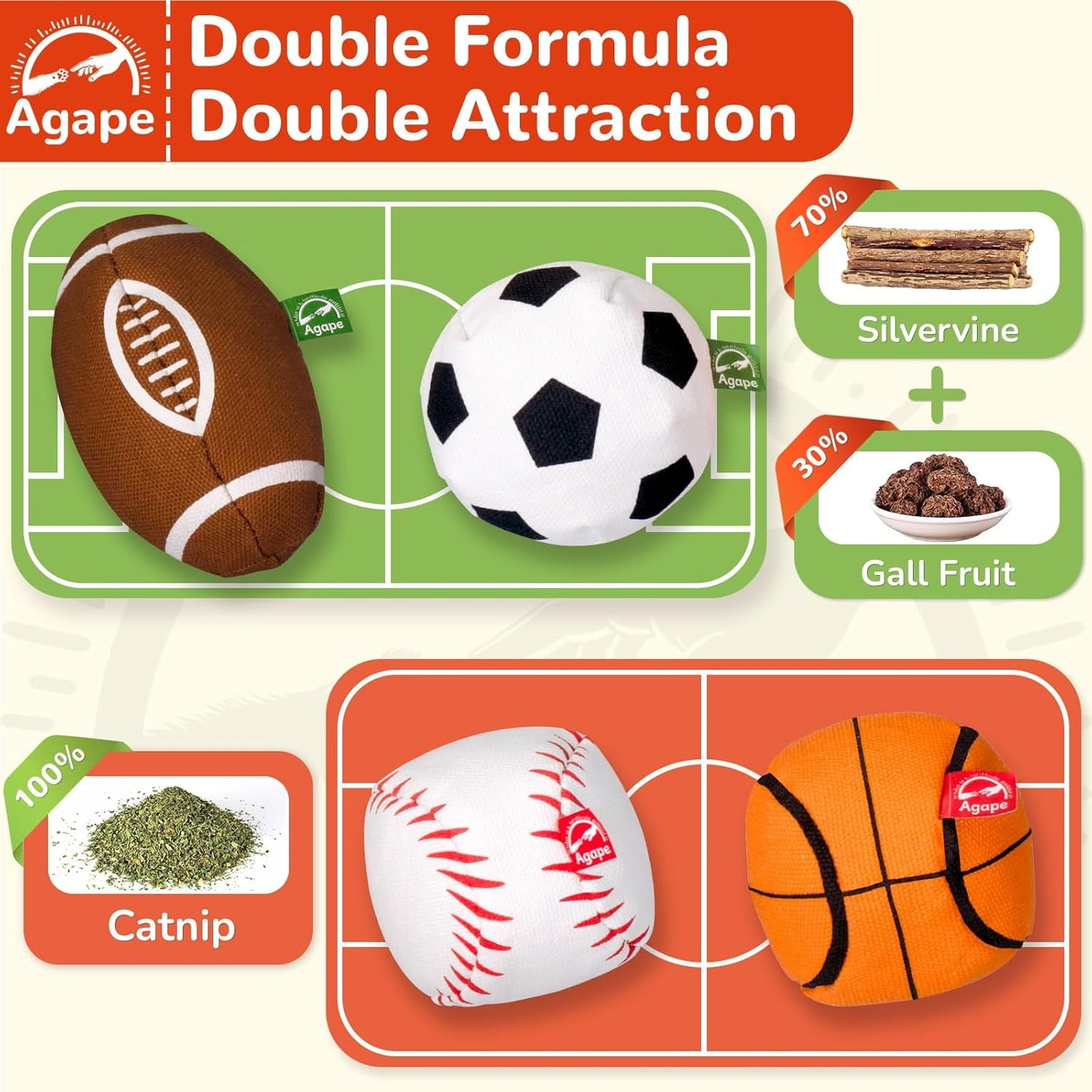 Agape Natural Cat Toys, 100% Catnip & Silvervine Filled, Interactive Chew and Kicker Balls for Indoor Cats, Enrichment and Teeth Cleaning Fun for Bored Cats and Kittens, 4 Pack Crinkle Cat Toys