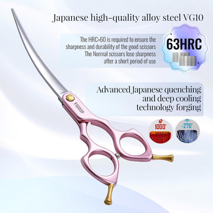 Professional Curved Dog Grooming Scissors with Sharper Self Grinding lightweight and finely trimmed split structure 6.5'' Japan VG10 63HRC for small dogs cat pet(Pink)