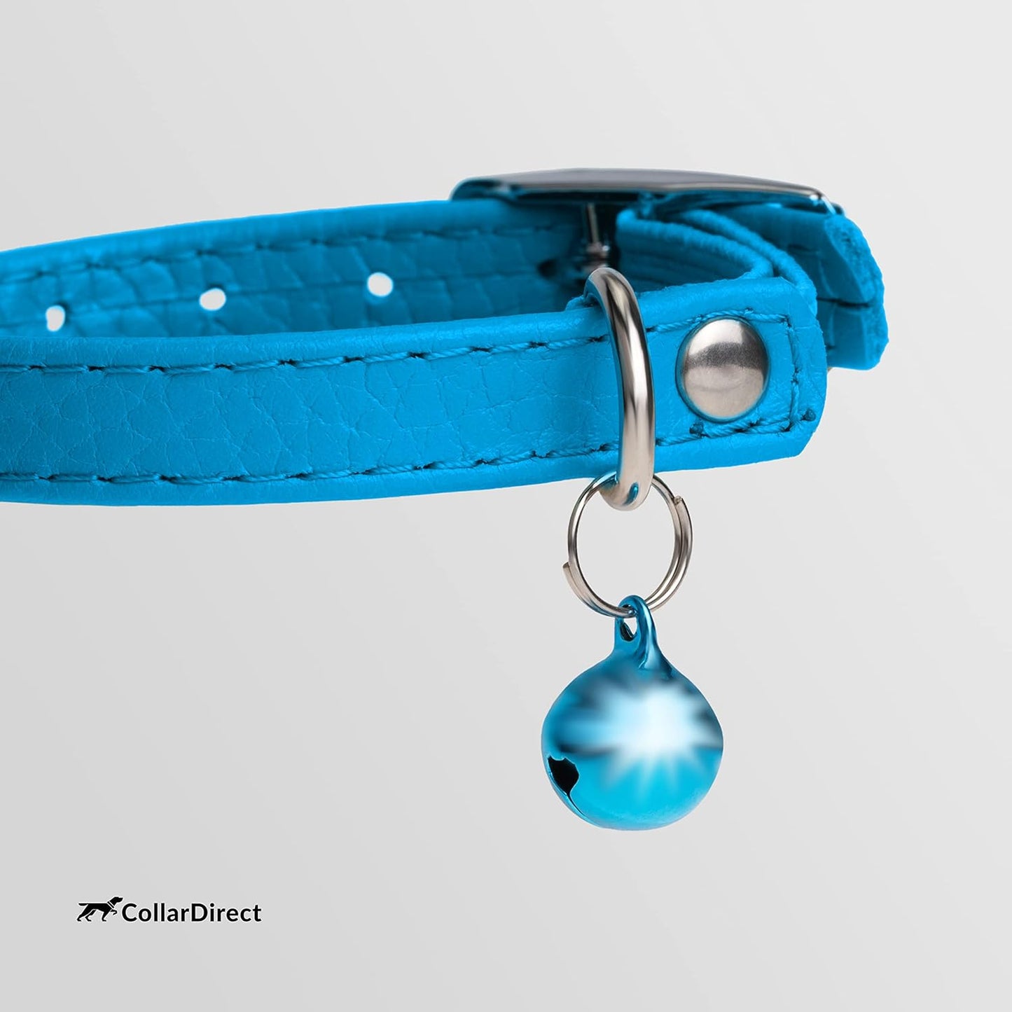 CollarDirect Leather Cat Collar, Kitten Collar with Removable Bell Black Blue Red Orange Lime Green (8-11 Inch, Light Blue)