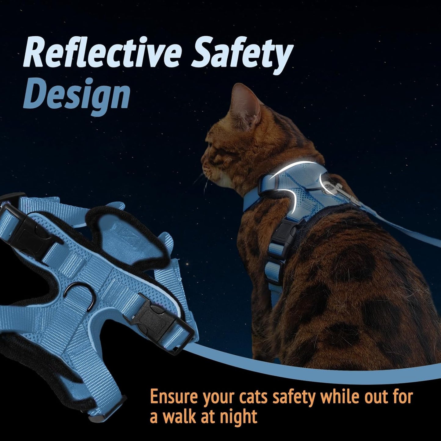 Cat Harness and Leash Set,Escape Proof Adjustable Cat Harness,Soft and Breathable Kitten Harness and Leash with Reflective Strips for Walking and Traveling(Light Blue, X-Small(3.3-8.9lb))