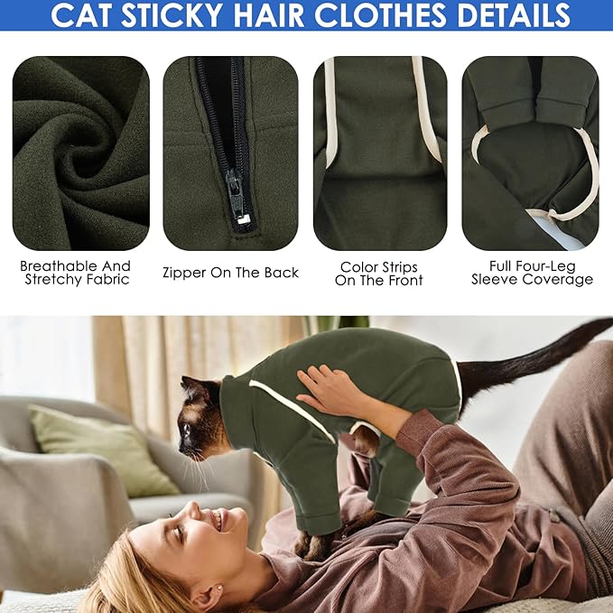 Cat Pajamas - Army Green, L - Prevents Hair Loss, Sticky Hair Clothes, Sphynx Clothes, Anti-Licking or Skin Disease Recovery Suit for Female Cats, Pet Apparel Onesie