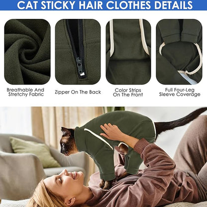 Cat Hair Sticky Onesie - Army Green, XL - Cat Clothes: Male Pajamas, Anti-Licking Suit