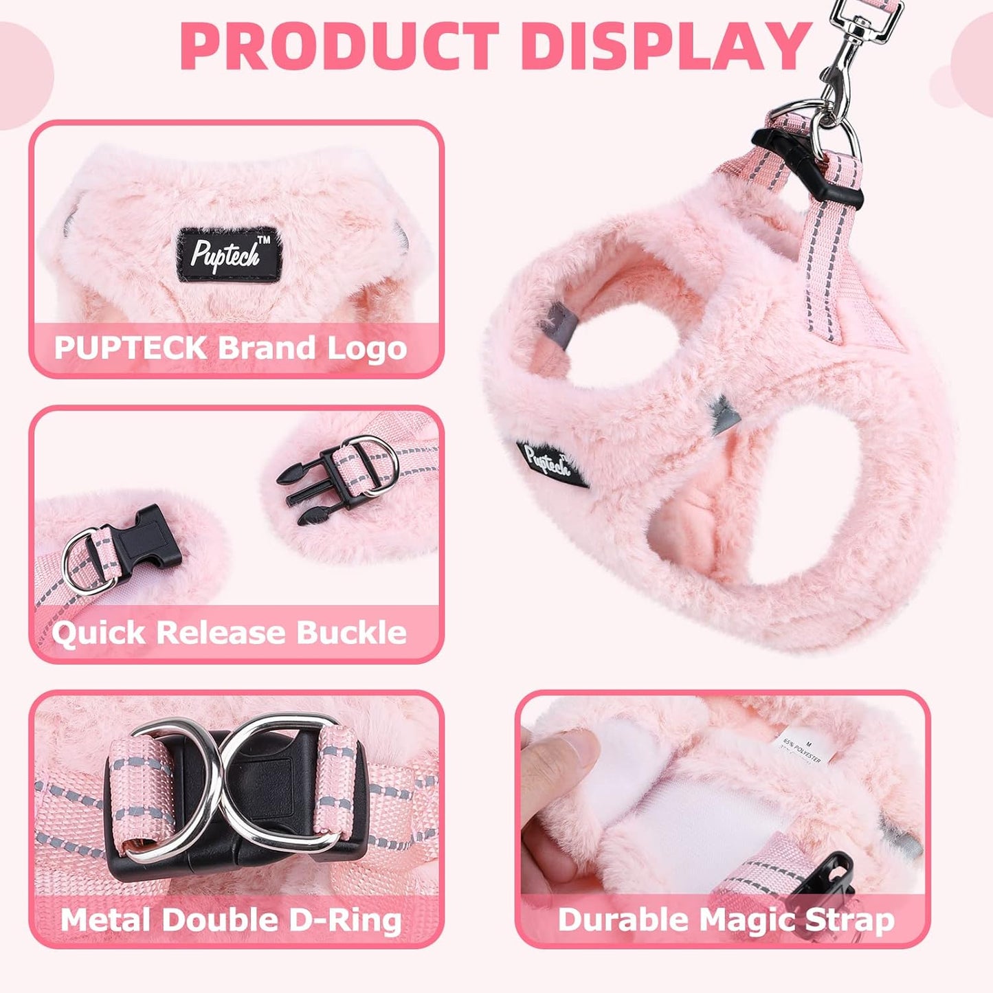 PUPTECK Adjustable Dog Harness Collar and Leash Set Step in No Pull Pet Harness for Small Medium Dogs Puppy and Cats Outdoor Walking Running, Soft Mesh Padded Reflective Vest Harnesses, Plush Pink S