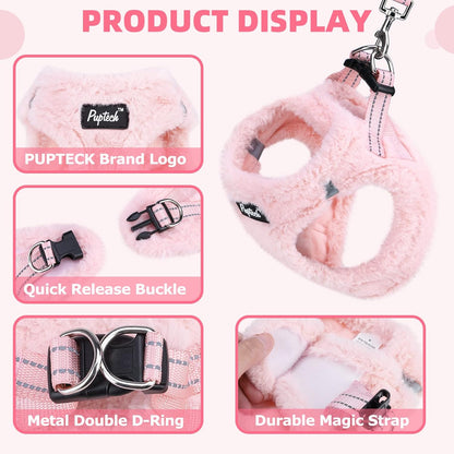 PUPTECK Adjustable Dog Harness Collar and Leash Set Step in No Pull Pet Harness for Small Medium Dogs Puppy and Cats Outdoor Walking Running, Soft Mesh Padded Reflective Vest Harnesses, Plush Pink XS
