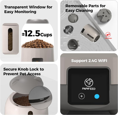 PAPIFEED Automatic Cat Feeder, 2.4G WiFi Auto Cat Food Dispenser with App Control, 3L Auto Pet Feeder with Dual Power Supply, Detachable for Easy Clean for Cats and Small Dogs, Grey