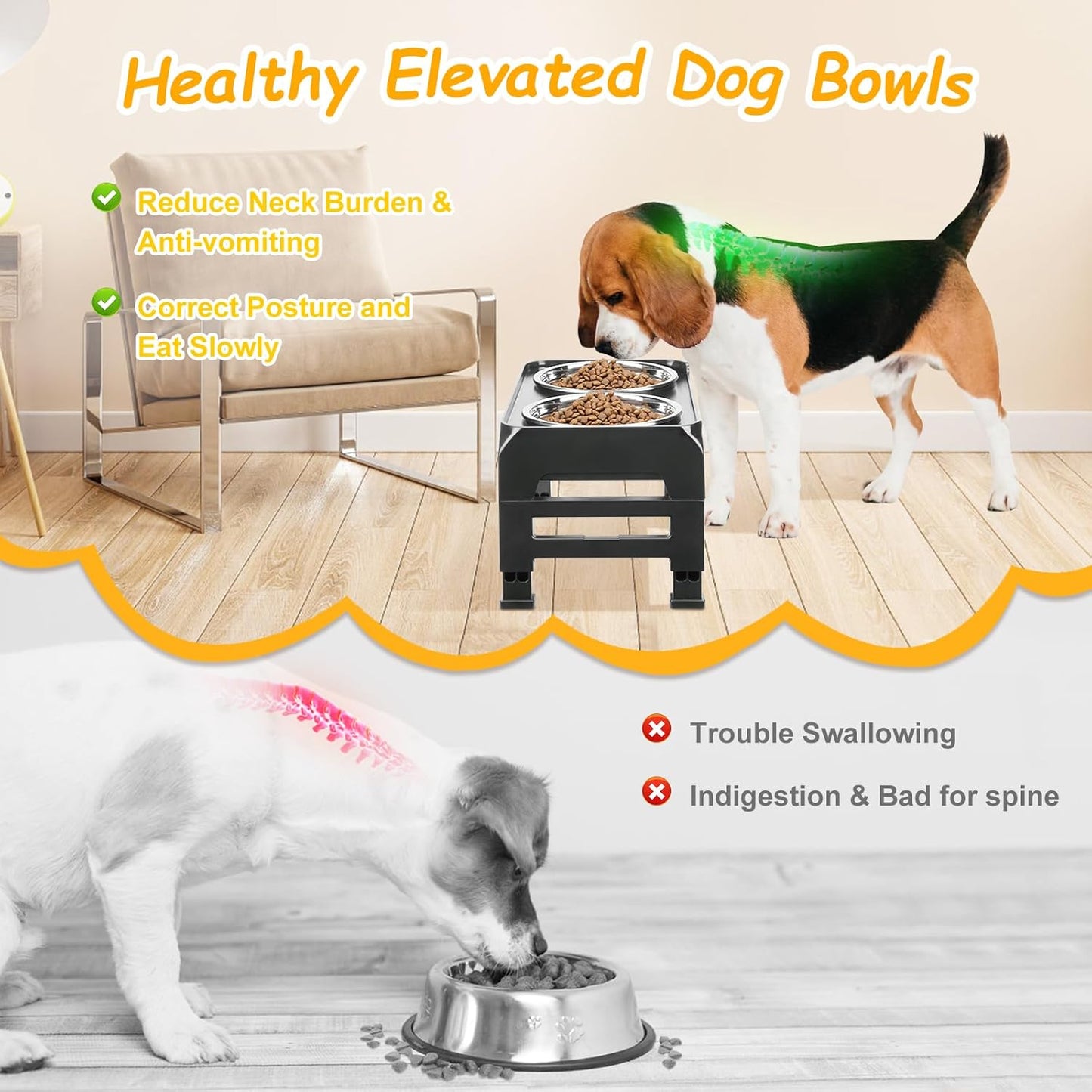 Elevated Dog Bowls 3 Height Adjustable Raised Bowl Stand with 25oz Stainless Steel Dog Food Bowls Anti-Slip for Small Dogs Adjusts to 7.5", 6", 2.75", Black