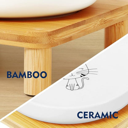 Elevated Cat Bowls for Indoor Cats – Raised Bamboo Cat Bowl Stand with 5.75 Inch Wide Ceramic Dishes, Pet Food Plate Table for Easy Feeding, Whisker Friendly(White,Set of 2)