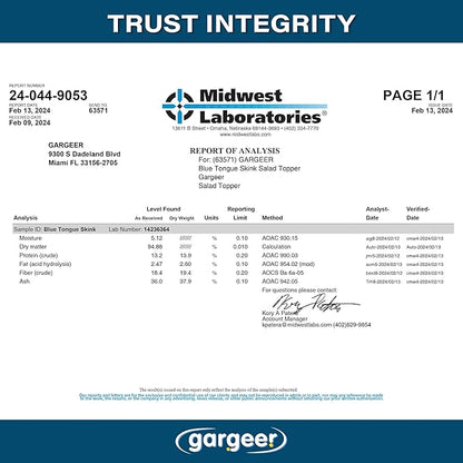 3oz Blue Tongue Skink Food. Complete Gel Diet for Both Juveniles and Adults. Proudly Made in The USA, Using Premium Ingredients, Fortified Gourmet Formula. Enjoy!