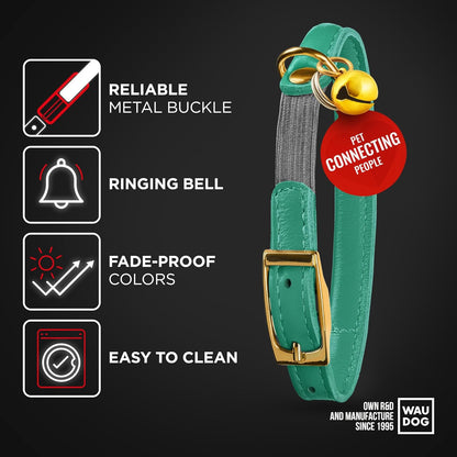 WAUDOG Ultra Soft Rolled Leather Cat Collar with Removable Bell, Safety Elastic Strap and QR ID Tag - Soft Padded for Small, Medium, and Large Cats - Round Kitten Collar for Male and Female Cats