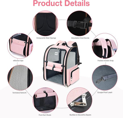 Lekebobor Large Cat Backpack Carrier Expandable Foldable Pet Carrier Backpack for Small Dogs Puppy Medium Cats Fit Up to 18 Lbs for Travel, Hiking,Pink XL Size