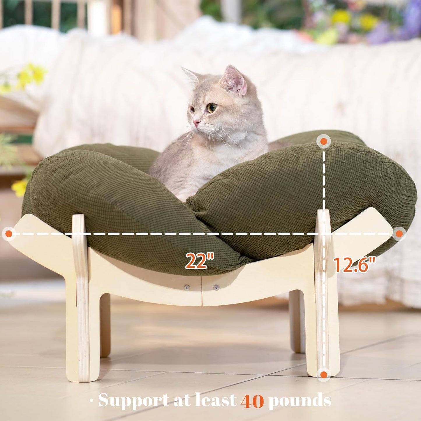 CHEERHOME PETS Elevated Cat Bed Wooden with Cushion Fluffy Pet Couch Sofa for Indoor Cats Raised Kitty Lounge Chair Suitable for Puppy, Cat Furniture(Green)