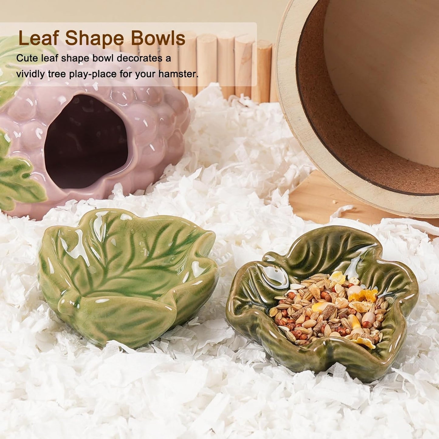 Hamtser Food Bowl,2 Packs Leaf Hamster Bowls,Ceramic Feeding Bowl,Food Dish for Small Animals Gerbil Dwarf Hamster Rat Mice Guinea Pig(Green + Dark Green)