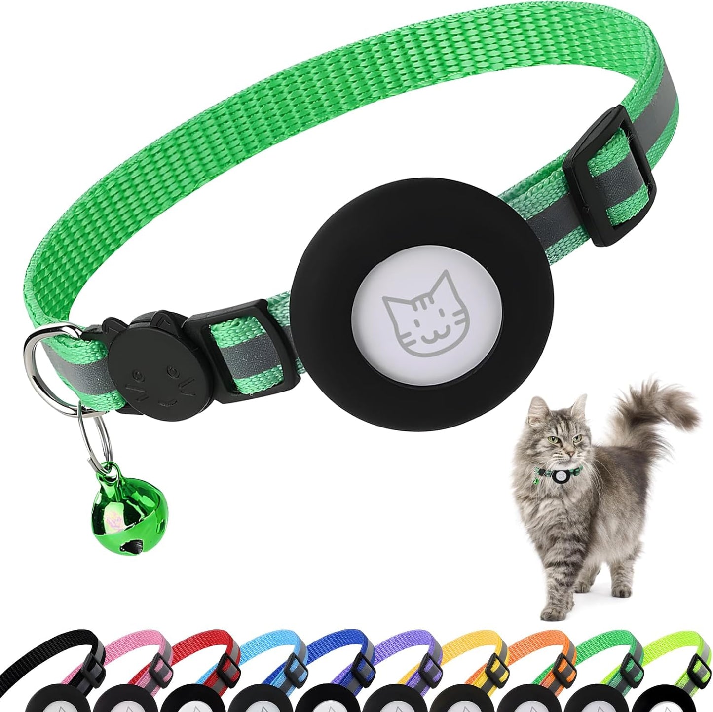 Airtag Cat Collar with Bell, Reflective Nylon Kitten Collar with Apple Air Tag Holder and Breakaway Safety Buckle for Puppy Girl Boy Cats, 3/8" in Width and Lightweight, Green