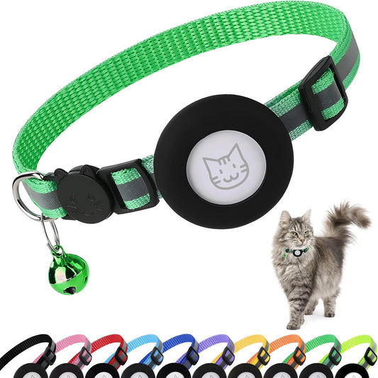 Airtag Cat Collar with Bell, Reflective Nylon Kitten Collar with Apple Air Tag Holder and Breakaway Safety Buckle for Puppy Girl Boy Cats, 3/8" in Width and Lightweight, Green