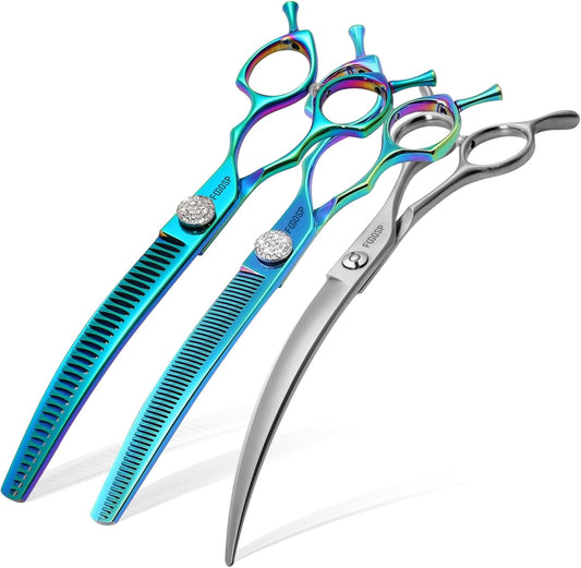 45°Curved Dog Grooming Scissors Curved Thinning Shears Curved Chunkers Dog Shears 3Pcs Combo (Turquoise)
