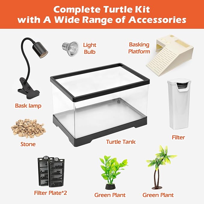 AZV Extra Large Turtle Tank Kit,PC Starter Aquarium,Red Eared Slider Aquatic for Baby Tortoise,Fishes and Amphibians,Include Basking Platform*1,Filter*1,Filter Plates*2,Plants*2,Lamp*1,Bulb*1,Stone*1