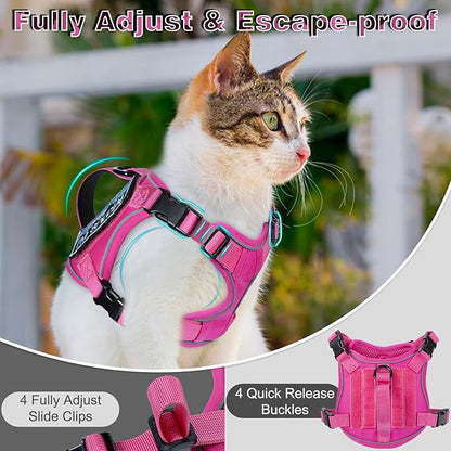 Tactical Cat Harness for Walking, Adjustable Escape Proof Pet Vest for Large Cat,Easy Control Breathable Cat Vest with Handle，Molle Patches (Pink+Leash, L)