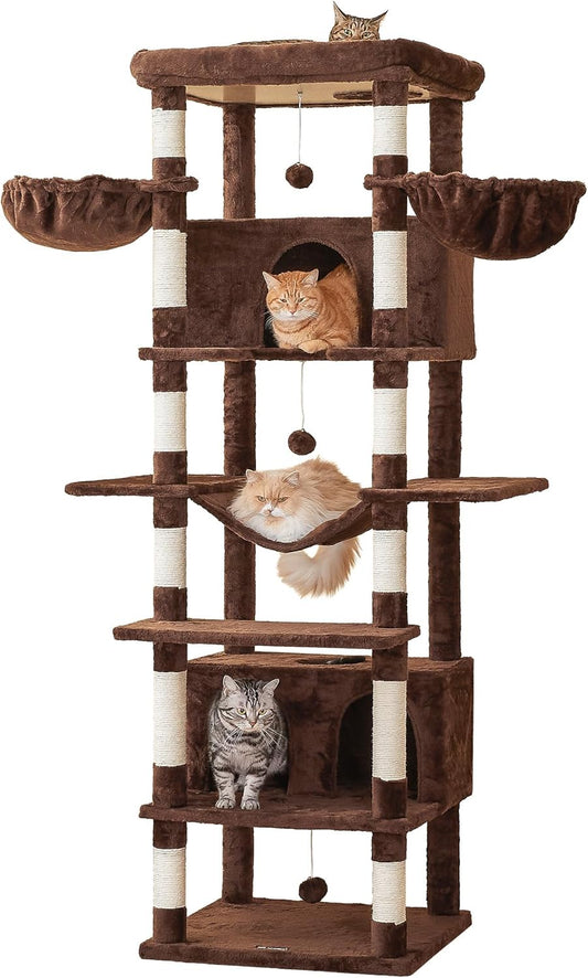 MWPO Extra Large Cat Tree, 77.6-Inch Tall Cat Tower for Indoor Cats with 2 Condos, Multi-Level Cat Stand for Large Cats, 3 Hammocks, Wide Perch, Scratching Posts, Dangling Toys, Brown