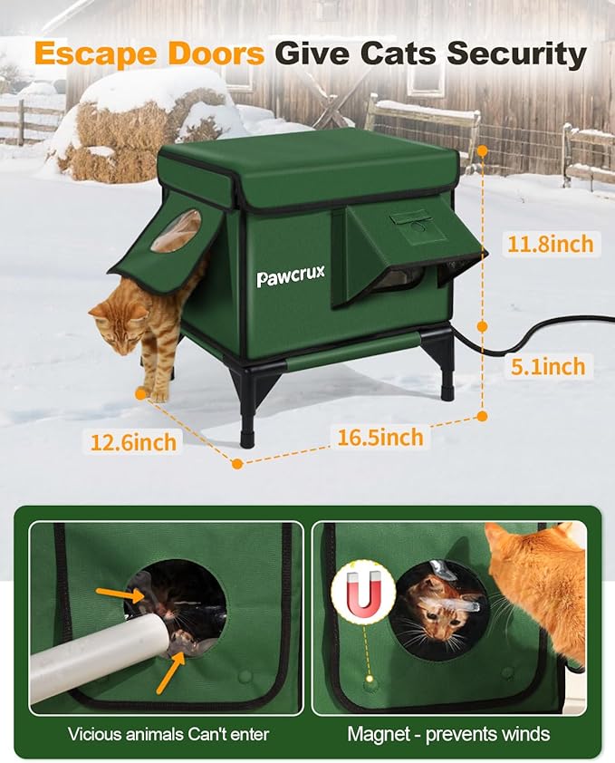 Weatherproof Heated Cat House for Outdoor in Winter, Heated Cat Bed Kitty Shelter with Cat Heating Pad, Insulated & Safe Escape Door, Warm House for Outside Stray Cat (Green, 12"x16"x16")