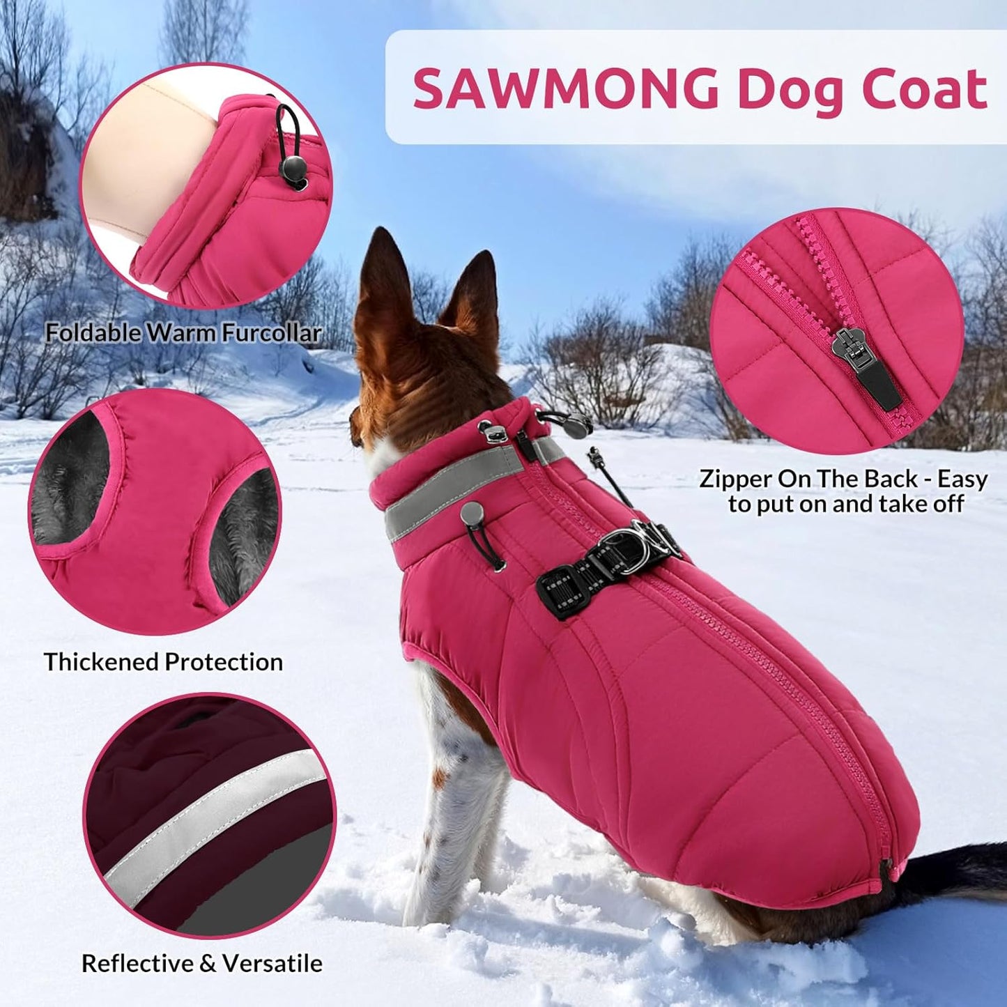 SAWMONG Dog Coat, Warm Dog Winter Coat, Waterproof Fleece Jacket, Cold Weather Dogs Jacket (M,Rosered)