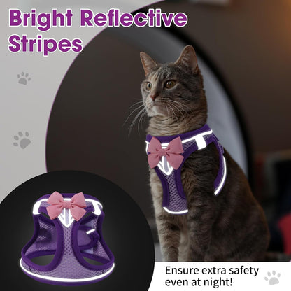Cat Harness and Leash Set for Walking Escape Proof, Adjustable Kitten Harness Breathable Mesh with Reflective Strips Harness for Kitty Puppy Bunny Purple,Large