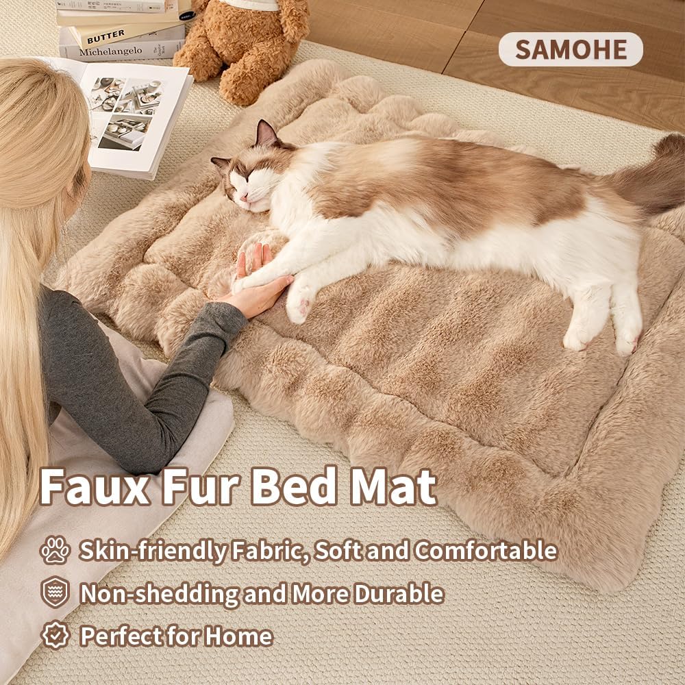 Cat Beds for Indoor Cats Faux Fur Pet Pad Mat Plush Kitten Bed with Non-Slip Bottom for Carriers/Couch Dog & Puppy Friendly 35 x 27 Inch X-Large Coffee