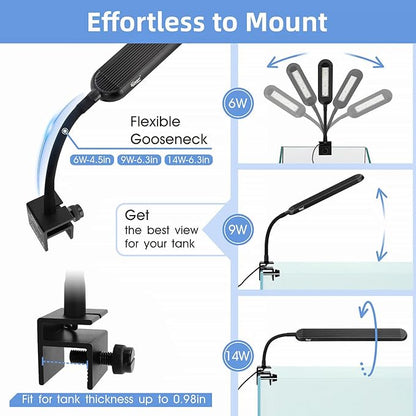 hygger 5-10 Gallon Nano Tank Mini Clip-on Aquarium Light with White Blue Red LEDs Fish Tank Lighting Built-in Timer 5 Brightness Levels 9W