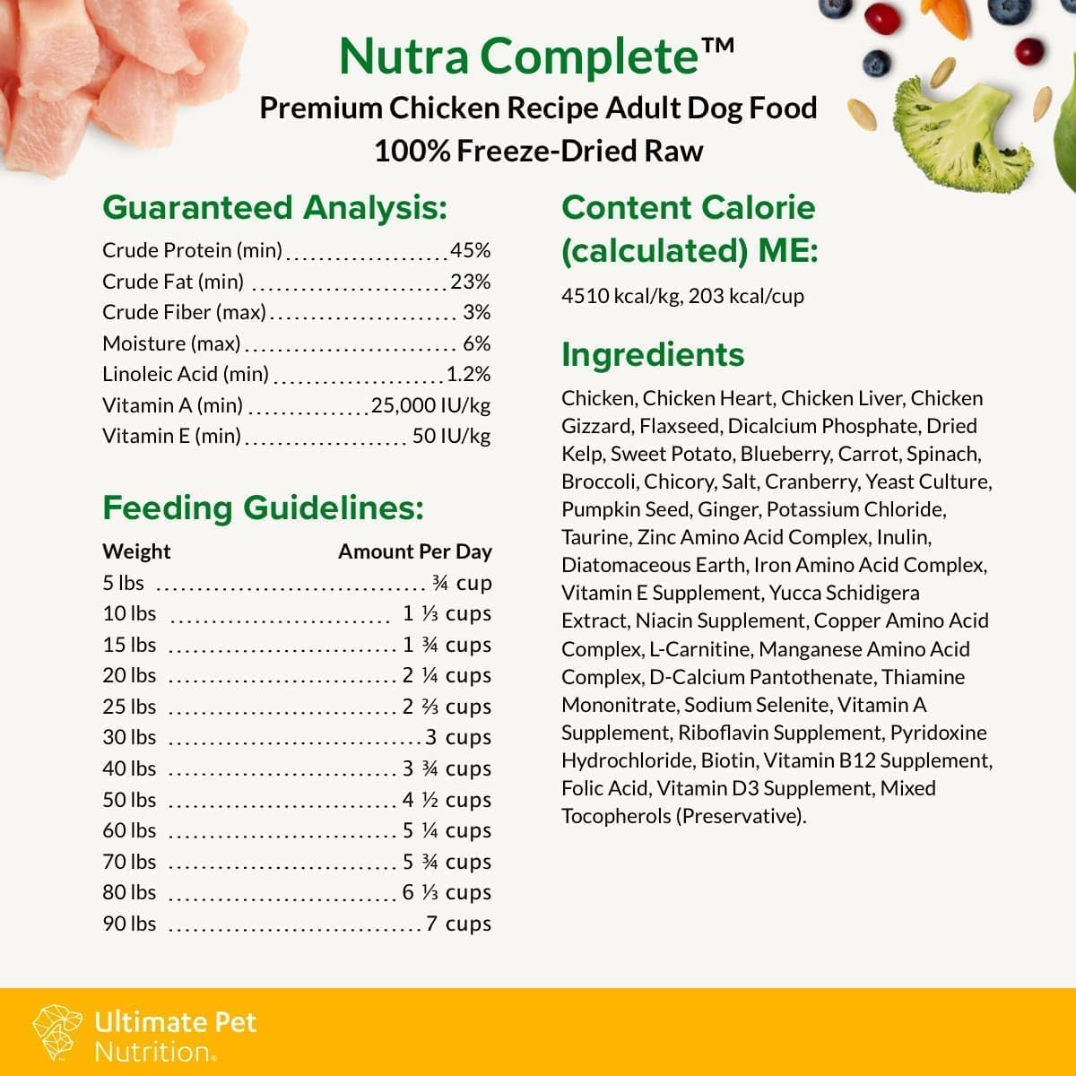 ULTIMATE PET NUTRITION Nutra Complete, 100% Freeze Dried Veterinarian Formulated Raw Dog Food with Antioxidants Prebiotics and Amino Acids, (1 Pound (Pack of 4), Chicken)
