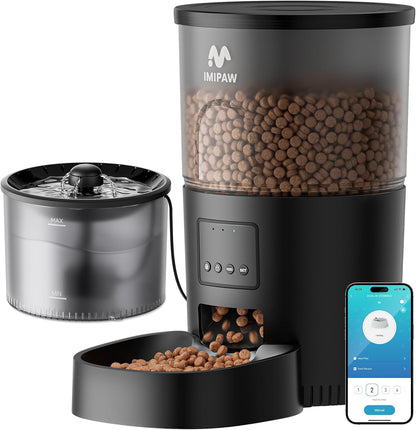IMIPAW Automatic Cat Feeder 5G WiFi and Water Dispenser, Timed Dry Food Dispenser APP Remote Control, Programmable Portions, with Desiccant, Cat Fountains for Drinking with Filter, Small Pets (Combo)
