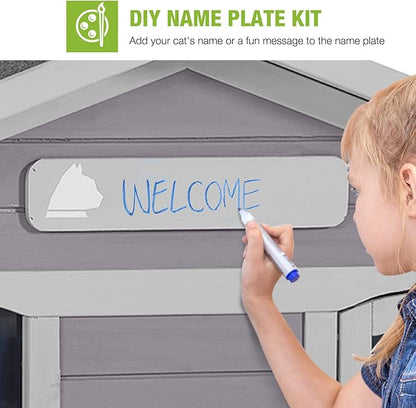 GUTINNEEN Outdoor Cat House Outside Feral Cat Shelter Weatherproof with Large Porch, Escape Door and Name Plate 43.5" L